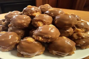 Chocolate Peanut Butter Balls coated in rich chocolate on a dessert plate