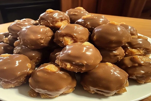 Chocolate Peanut Butter Balls coated in rich chocolate on a dessert plate