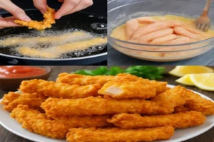 Golden fried crispy chicken strips stacked on a plate with dipping sauce and lemon wedges.