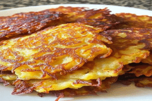 Crispy German potato pancakes (Kartoffelpuffer) golden brown on the outside and soft inside, served fresh on a plate.