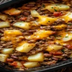 Ground Beef Potato Bean Casserole topped with melted cheese