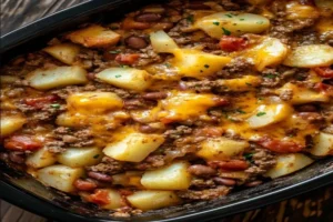 Ground Beef Potato Bean Casserole topped with melted cheese