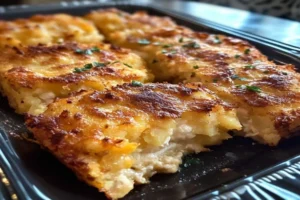 Golden baked Hashbrown Chicken Casserole with melted cheese and crispy topping in a dish.