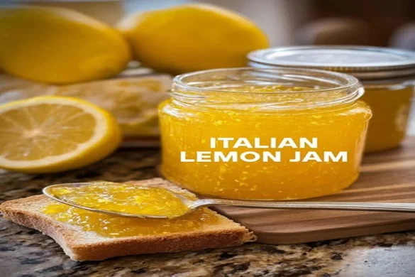 Jar of homemade Italian lemon jam with spoonful on toast and fresh lemons in background