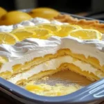 Slice of Lemon Cream Cheese Dump Cake Recipe with creamy filling and golden crust, garnished with lemon zest.