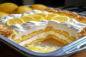 Slice of Lemon Cream Cheese Dump Cake Recipe with creamy filling and golden crust, garnished with lemon zest.
