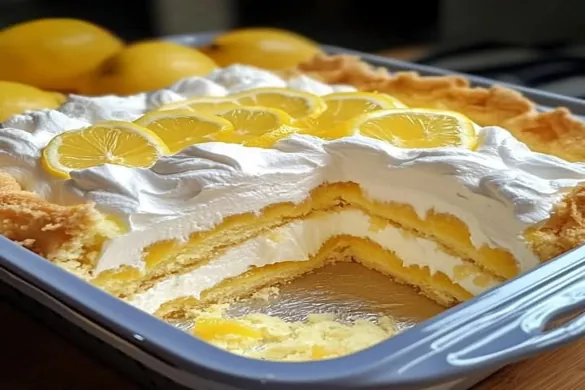 Slice of Lemon Cream Cheese Dump Cake Recipe with creamy filling and golden crust, garnished with lemon zest.