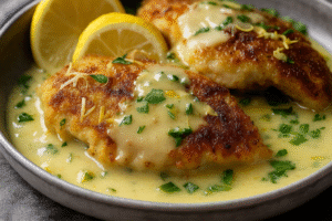 Lemon Pecorino Crusted Chicken with Creamy Lemon Sauce Recipe