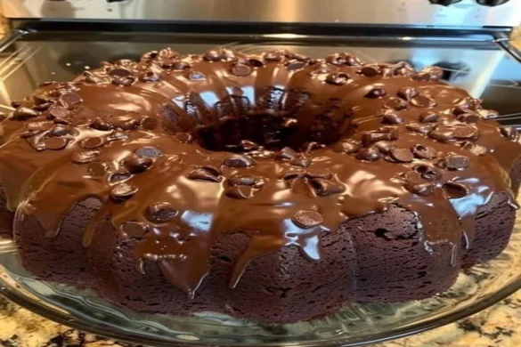 Death by Chocolate Cake topped with ganache and Nestlé chocolate chips