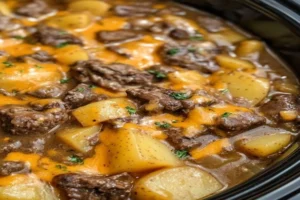 Old-Fashioned Amish Beef and Potato Casserole with layers of tender beef, creamy mushroom sauce, and melted cheddar cheese, served hot.