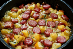 Skillet of oven roasted smoked sausage and potatoes recipe – easy weeknight dinner