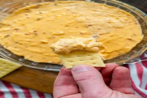 Close-up of Red Lantern Cheese Dip – creamy cheddar with bacon bits served with crackers
