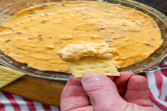 Close-up of Red Lantern Cheese Dip – creamy cheddar with bacon bits served with crackers