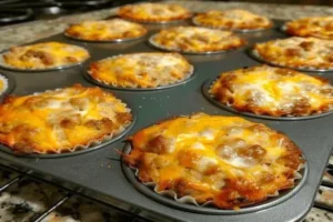 Sausage Muffins with Bisquick baked in a muffin pan with melted cheese
