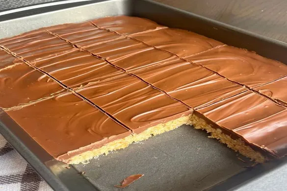 Scotcheroos bars with chocolate and butterscotch topping in a pan