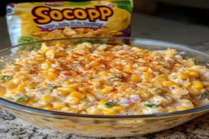 Southwest Corn Dip in a bowl topped with paprika served with tortilla chips