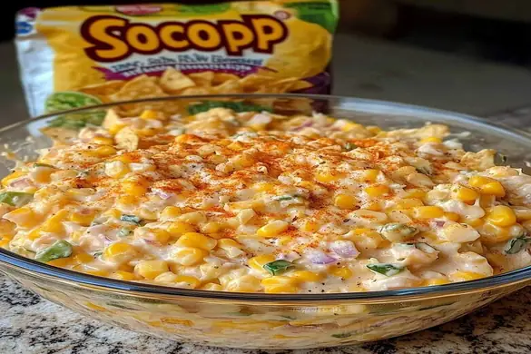 Southwest Corn Dip in a bowl topped with paprika served with tortilla chips