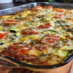 Close-up of Tex-Mex Zucchini Bake with zucchini, black beans, corn, melted cheese, and fresh tomato topping in a glass baking dish.