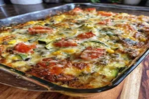 Close-up of Tex-Mex Zucchini Bake with zucchini, black beans, corn, melted cheese, and fresh tomato topping in a glass baking dish.