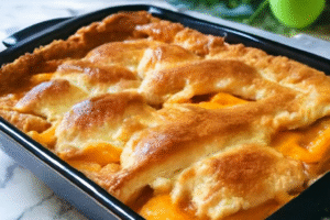 Triple crust peach cobbler recipe baked with layers of pie crust, sweet peach filling, and golden flaky topping in a baking dish
