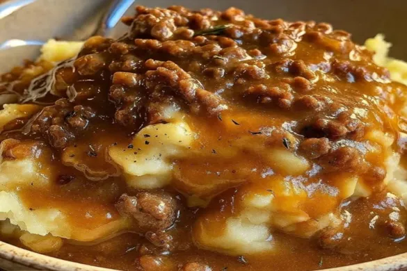 Ground beef and gravy with mashed potatoes served in a bowl with rich brown sauce