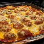 best meatball casserole baked with marinara sauce and melted cheese in a glass baking dish