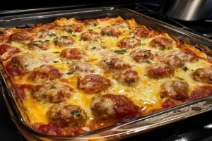 best meatball casserole baked with marinara sauce and melted cheese in a glass baking dish