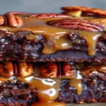 pecan pie brownies stacked with glossy caramel and toasted pecans