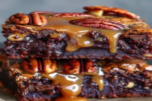 pecan pie brownies stacked with glossy caramel and toasted pecans