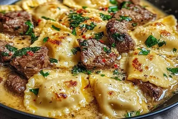 garlic butter steak and cheese ravioli