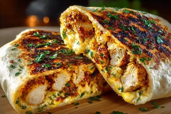 crispy parmesan garlic chicken burritos cut open with melted cheese inside