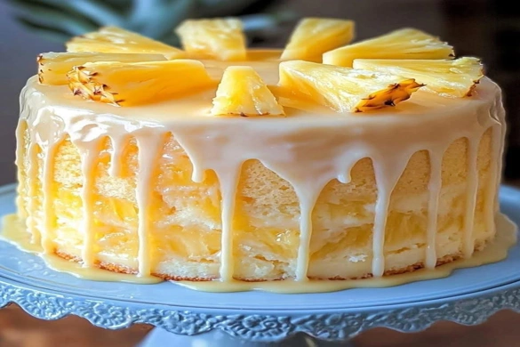 Pineapple Juice Cake with glaze and pineapple wedges
