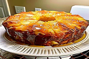 pineapple pound cake with dripping pineapple glaze on a cake stand