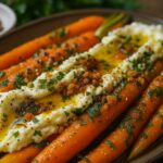 Roasted Carrots with Whipped Ricotta and Hot Honey beautifully plated with hot honey drizzle