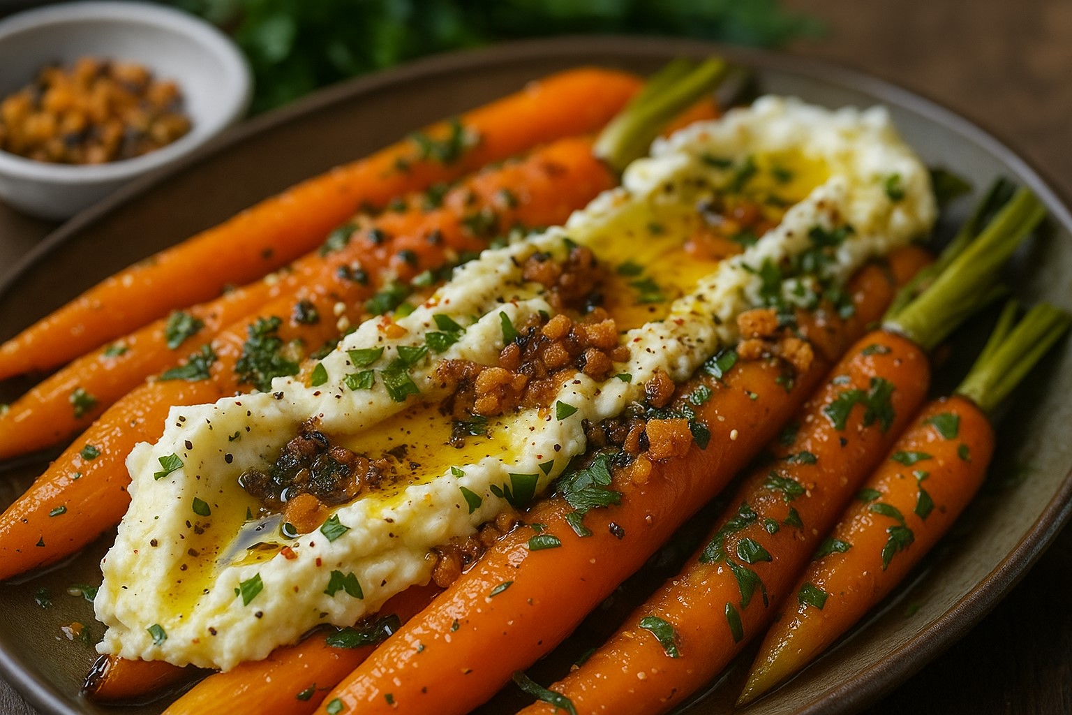 Roasted Carrots with Whipped Ricotta and Hot Honey beautifully plated with hot honey drizzle