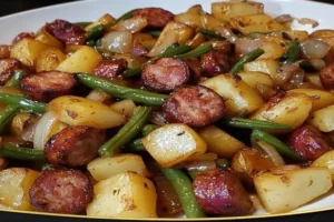 one pan sausage green beans and potatoes roasted on a tray
