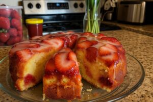 Homemade moist strawberry pineapple pound cake with glaze