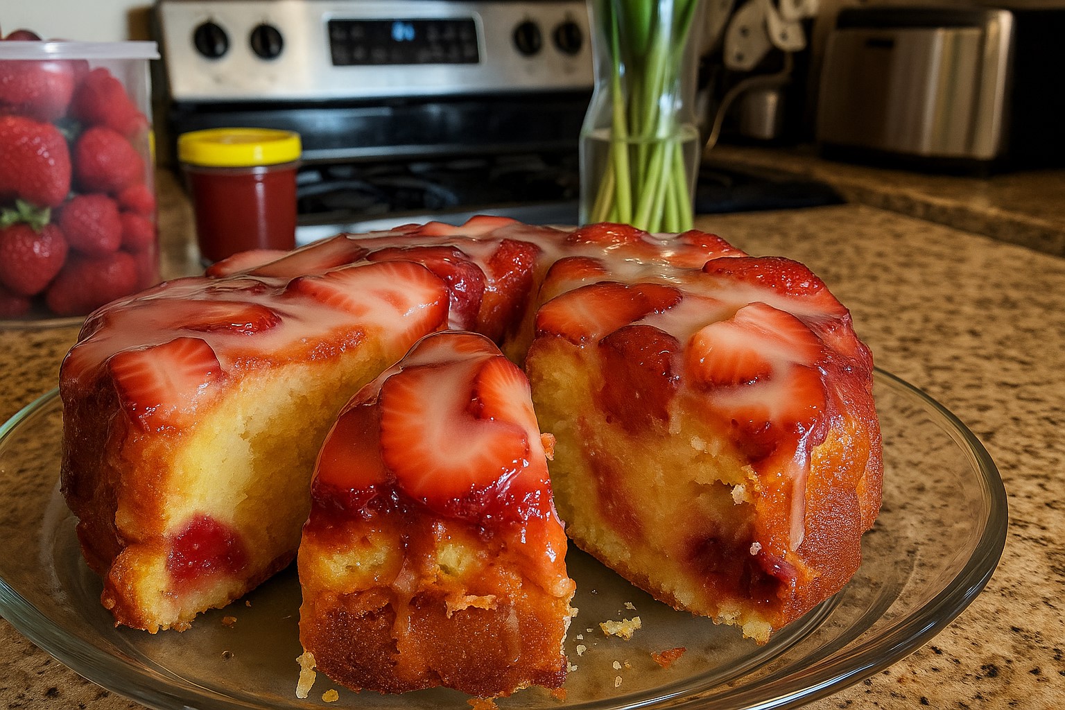 Homemade moist strawberry pineapple pound cake with glaze