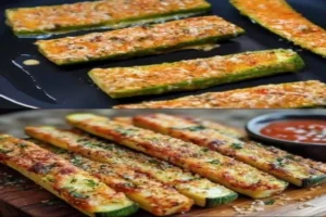 Crispy baked parmesan zucchini sticks served with marinara dipping sauce