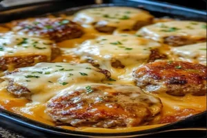 Amish Hamburger Steak Bake in a baking dish with rich gravy