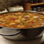 Best Ever Easy Vegetable Beef Soup in a pot with colorful vegetables and beef.