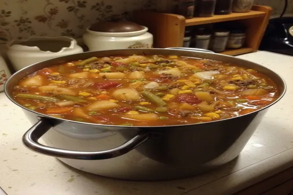 Best Ever Easy Vegetable Beef Soup in a pot with colorful vegetables and beef.