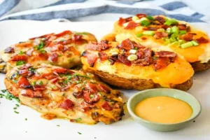 Cheesy Bacon Smothered Chicken topped with honey mustard and crispy bacon