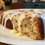 Easy Banana Vanilla Bean Caramel Cake topped with caramel glaze