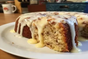 Easy Banana Vanilla Bean Caramel Cake topped with caramel glaze