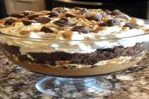 Heaven in a Bowl layered dessert with brownies, peanut butter m