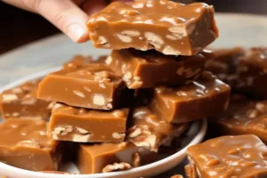 Homemade Oklahoma Nut Candy cut into squares on a plate.
