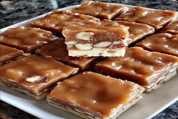 Homemade Oklahoma Nut Candy cut into squares on a plate.