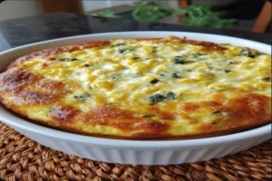 Golden oven baked cheesy corn and spinach casserole in a white baking dish