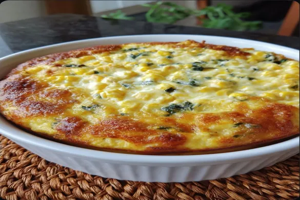 Golden oven baked cheesy corn and spinach casserole in a white baking dish